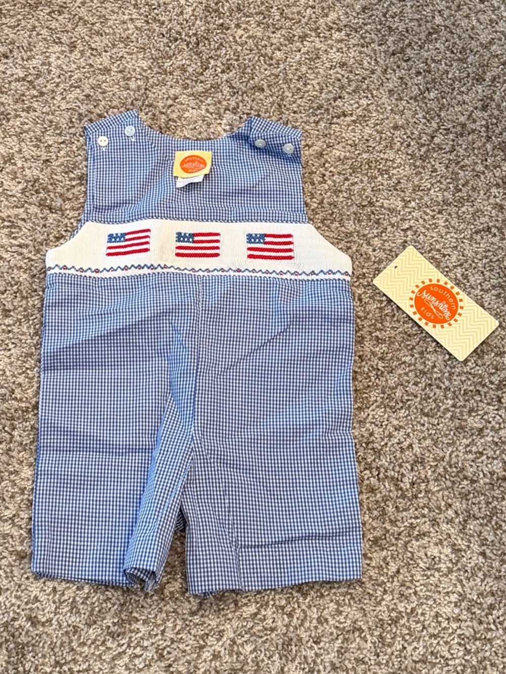 Southern Sunshine Kids Smocked Blue Gingham Baby Romper with Flag Embroidery
